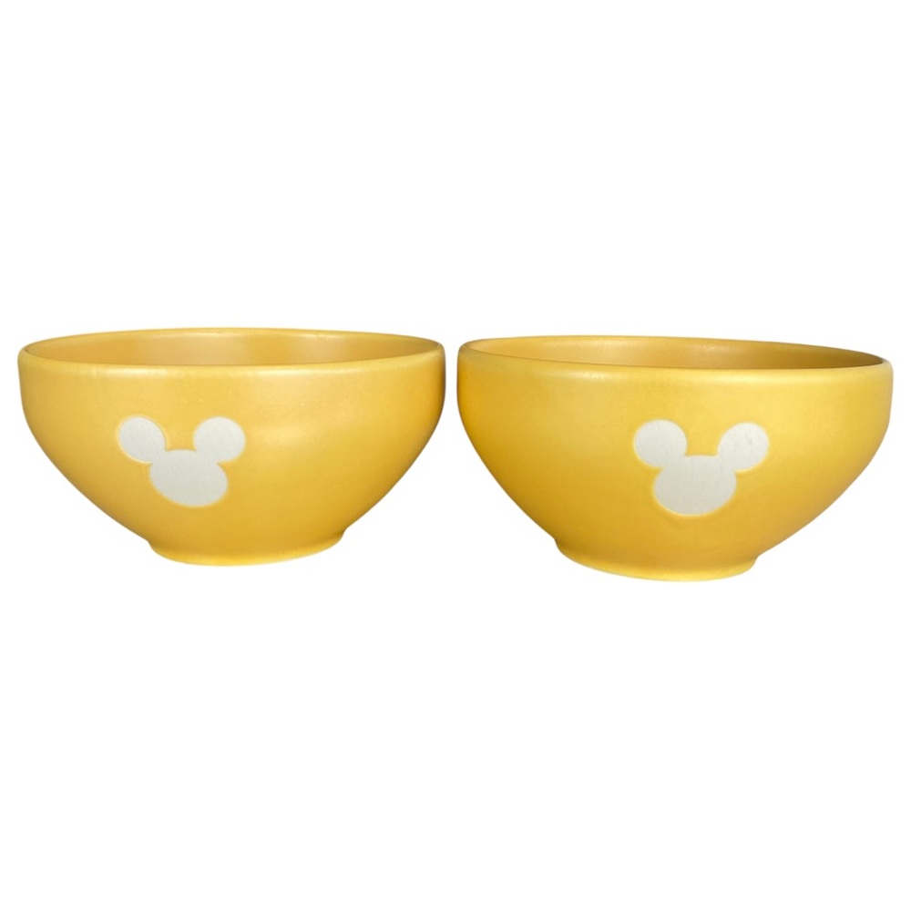 DISNEY ☆ Ceramic Yellow Bowls with MICKEY MOUSE Logo ☆ Set of 2 ☆ RARE